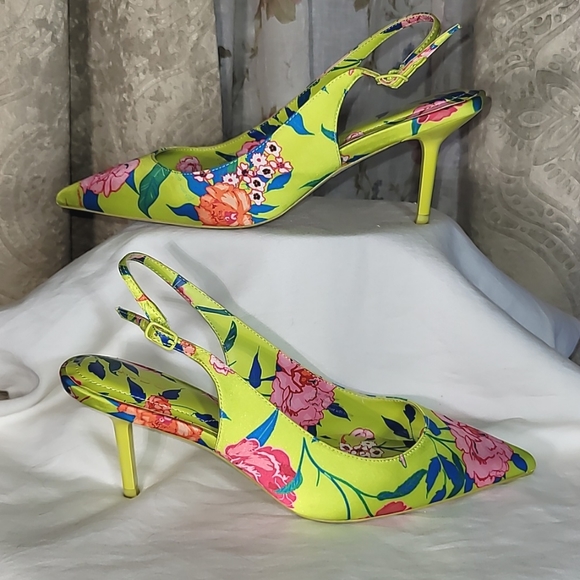 Aldo Shoes - Aldo Pointed Toe Kitten Heels, Neon Yellow With Floral, women's size 7.5